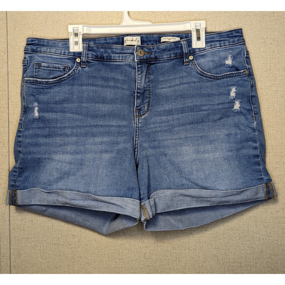 Wonderly Womens Mid Rise Distressed Denim Shorts Blue Cuffed Hem Size 18W